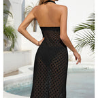 Holiday Dress Sexy Halter Solid Color Breathable Front Slit Maxi Dress Beach Sun Shield Dress Crochet hook Tidee