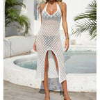 Holiday Dress Sexy Halter Solid Color Breathable Front Slit Maxi Dress Beach Sun Shield Dress Crochet hook Tidee