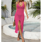 Holiday Dress Sexy Halter Solid Color Breathable Front Slit Maxi Dress Beach Sun Shield Dress Crochet hook Tidee