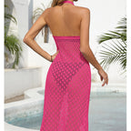 Holiday Dress Sexy Halter Solid Color Breathable Front Slit Maxi Dress Beach Sun Shield Dress Crochet hook Tidee