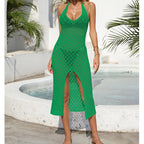 Holiday Dress Sexy Halter Solid Color Breathable Front Slit Maxi Dress Beach Sun Shield Dress Crochet hook Tidee