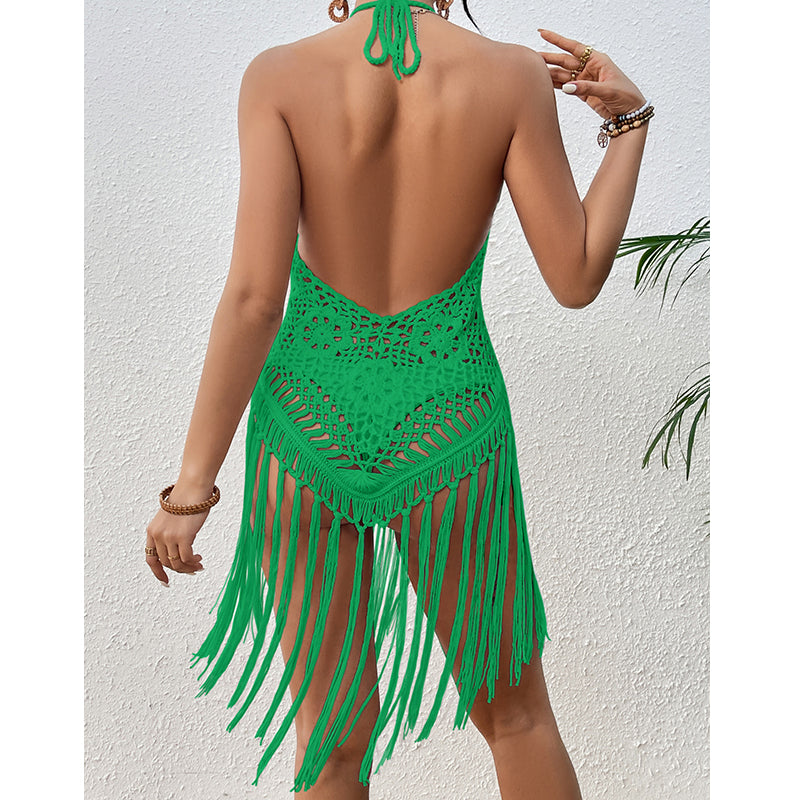 Beach Vacation Sexy Big Backless Hand Crocheting Lace Up Cutout Tassel Bikini Short Top Crochet hook Tidee