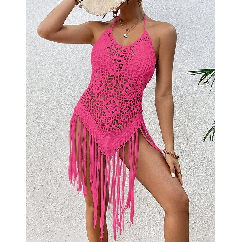 Beach Vacation Sexy Big Backless Hand Crocheting Lace Up Cutout Tassel Bikini Short Top Crochet hook Tidee