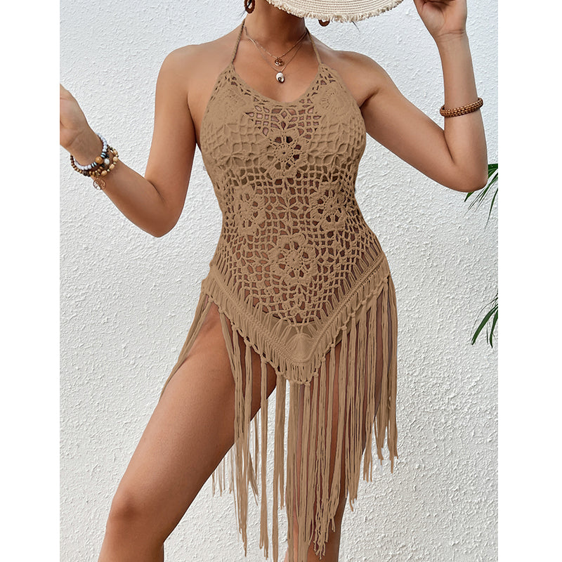 Beach Vacation Sexy Big Backless Hand Crocheting Lace Up Cutout Tassel Bikini Short Top Crochet hook Tidee