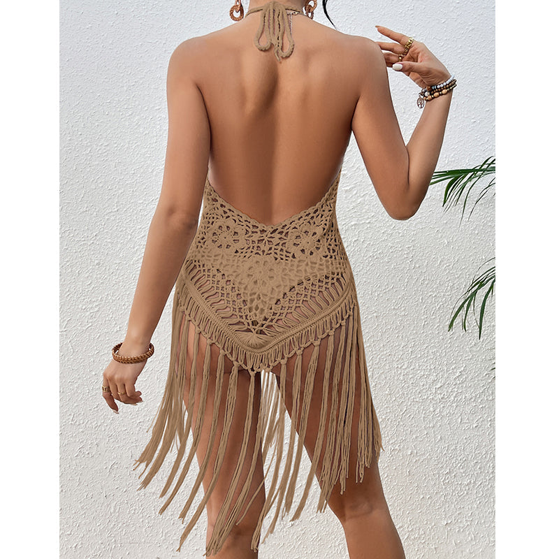 Beach Vacation Sexy Big Backless Hand Crocheting Lace Up Cutout Tassel Bikini Short Top Crochet hook Tidee