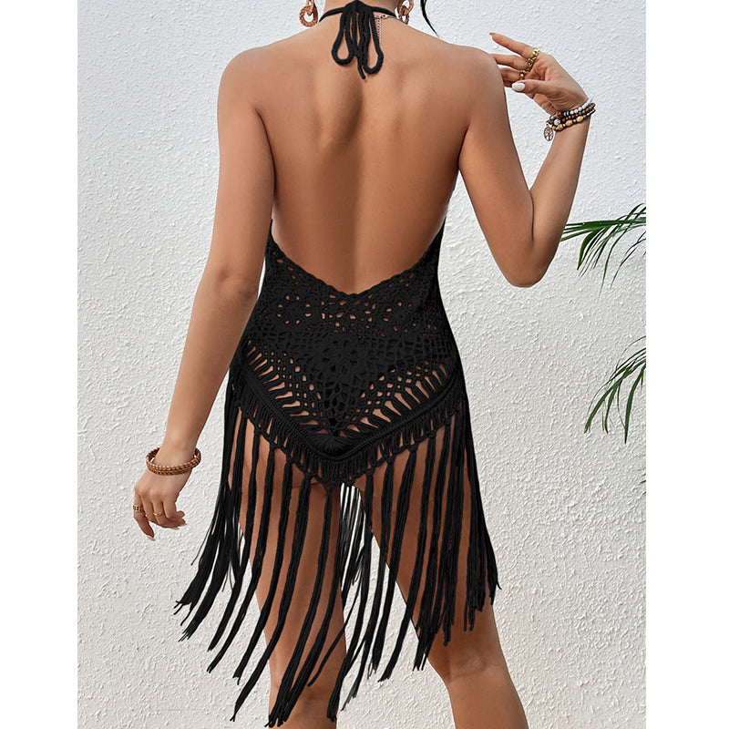 Beach Vacation Sexy Big Backless Hand Crocheting Lace Up Cutout Tassel Bikini Short Top Crochet hook Tidee