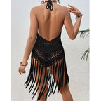 Beach Vacation Sexy Big Backless Hand Crocheting Lace Up Cutout Tassel Bikini Short Top Crochet hook Tidee