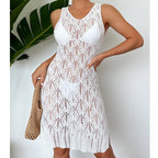 Women Mid Length Sexy Cutout Solid Color Vest Dress Side Slit Beach Dress Crochet hook Tidee