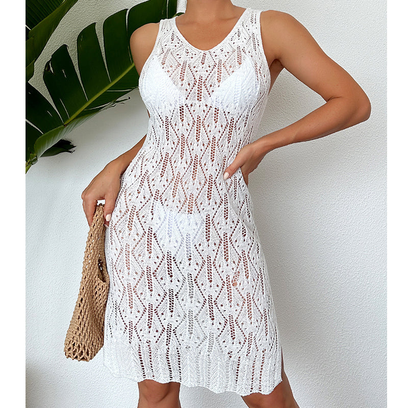 Women Mid Length Sexy Cutout Solid Color Vest Dress Side Slit Beach Dress Crochet hook Tidee