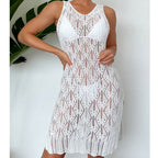 Women Mid Length Sexy Cutout Solid Color Vest Dress Side Slit Beach Dress Crochet hook Tidee