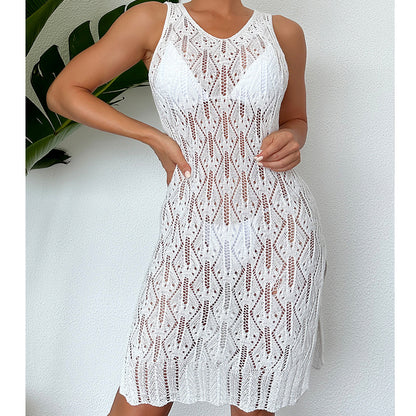 Women Mid Length Sexy Cutout Solid Color Vest Dress Side Slit Beach Dress Crochet hook