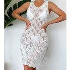 Women Mid Length Sexy Cutout Solid Color Vest Dress Side Slit Beach Dress Crochet hook Tidee