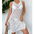 Women Mid Length Sexy Cutout Solid Color Vest Dress Side Slit Beach Dress Crochet hook Tidee
