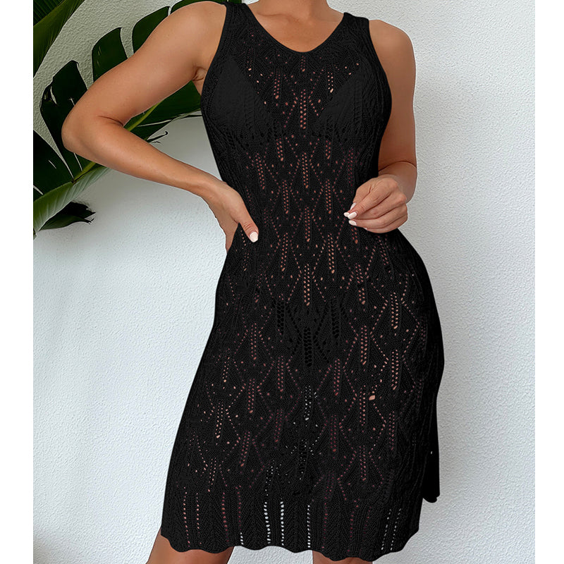 Women Mid Length Sexy Cutout Solid Color Vest Dress Side Slit Beach Dress Crochet hook Tidee