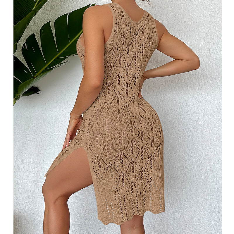 Women Mid Length Sexy Cutout Solid Color Vest Dress Side Slit Beach Dress Crochet hook Tidee