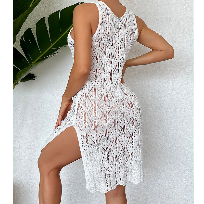Women Mid Length Sexy Cutout Solid Color Vest Dress Side Slit Beach Dress Crochet hook Tidee