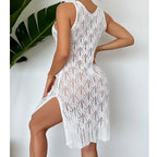 Women Mid Length Sexy Cutout Solid Color Vest Dress Side Slit Beach Dress Crochet hook Tidee
