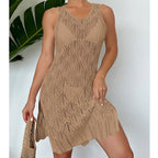 Women Mid Length Sexy Cutout Solid Color Vest Dress Side Slit Beach Dress Crochet hook Tidee