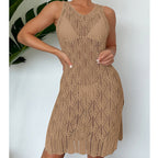 Women Mid Length Sexy Cutout Solid Color Vest Dress Side Slit Beach Dress Crochet hook Tidee