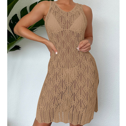 Women Mid Length Sexy Cutout Solid Color Vest Dress Side Slit Beach Dress Crochet hook