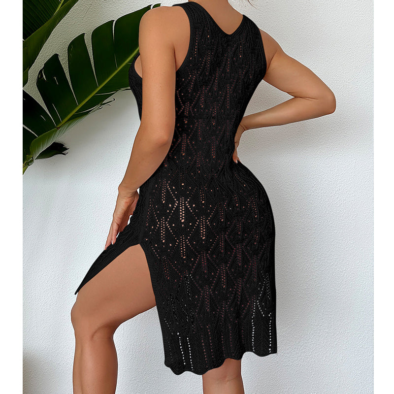 Women Mid Length Sexy Cutout Solid Color Vest Dress Side Slit Beach Dress Crochet hook Tidee
