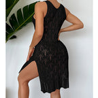 Women Mid Length Sexy Cutout Solid Color Vest Dress Side Slit Beach Dress Crochet hook Tidee