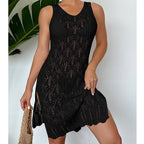 Women Mid Length Sexy Cutout Solid Color Vest Dress Side Slit Beach Dress Crochet hook Tidee