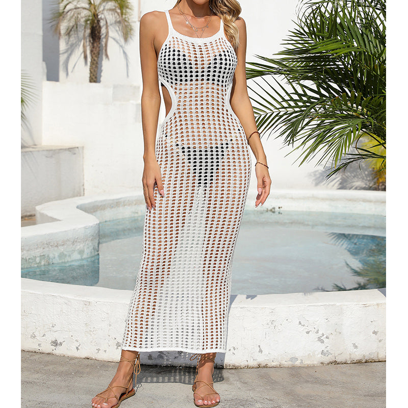 Sexy Hollow Out Cutout Waist Long Solid Color Breathable Sling Maxi Dress Beach Sun Shield Dress Crochet hook Tidee