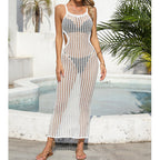 Sexy Hollow Out Cutout Waist Long Solid Color Breathable Sling Maxi Dress Beach Sun Shield Dress Crochet hook Tidee