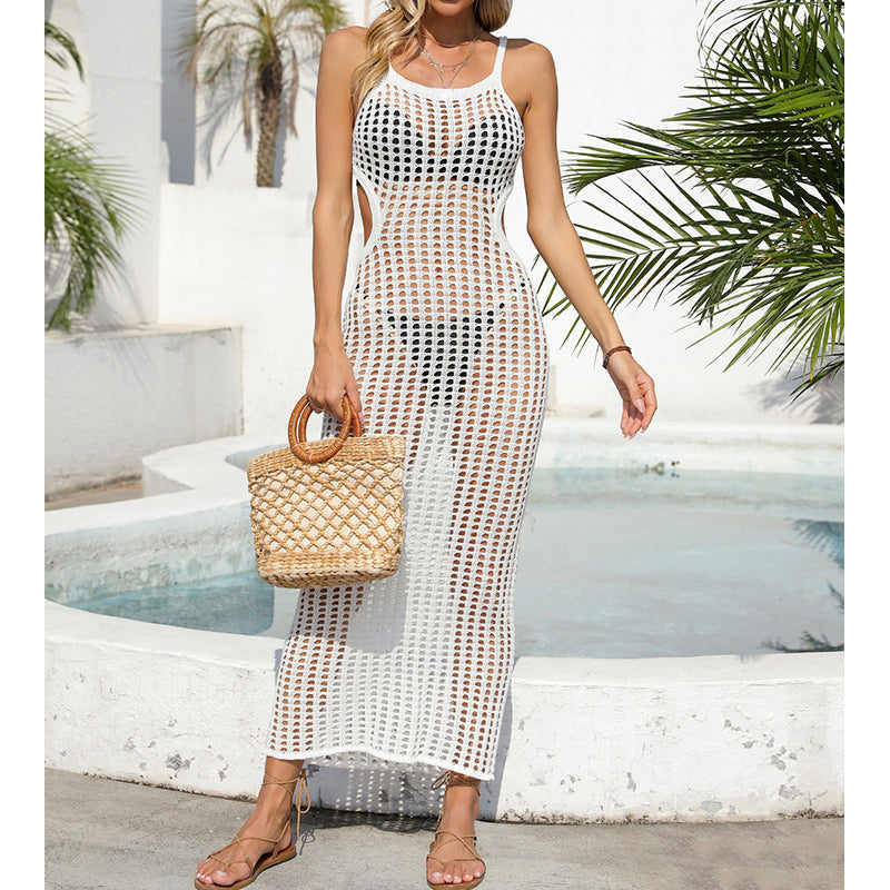 Sexy Hollow Out Cutout Waist Long Solid Color Breathable Sling Maxi Dress Beach Sun Shield Dress Crochet hook Tidee