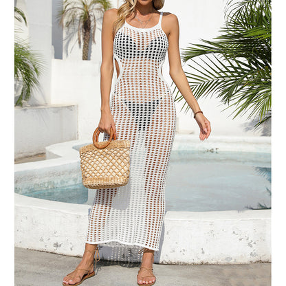 Sexy Hollow Out Cutout Waist Long Solid Color Breathable Sling Maxi Dress Beach Sun Shield Dress Crochet hook