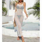 Sexy Hollow Out Cutout Waist Long Solid Color Breathable Sling Maxi Dress Beach Sun Shield Dress Crochet hook Tidee