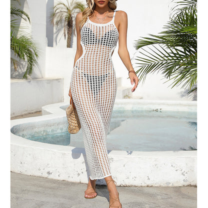 Sexy Hollow Out Cutout Waist Long Solid Color Breathable Sling Maxi Dress Beach Sun Shield Dress Crochet hook
