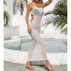 Sexy Hollow Out Cutout Waist Long Solid Color Breathable Sling Maxi Dress Beach Sun Shield Dress Crochet hook Tidee