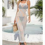 Sexy Hollow Out Cutout Waist Long Solid Color Breathable Sling Maxi Dress Beach Sun Shield Dress Crochet hook Tidee