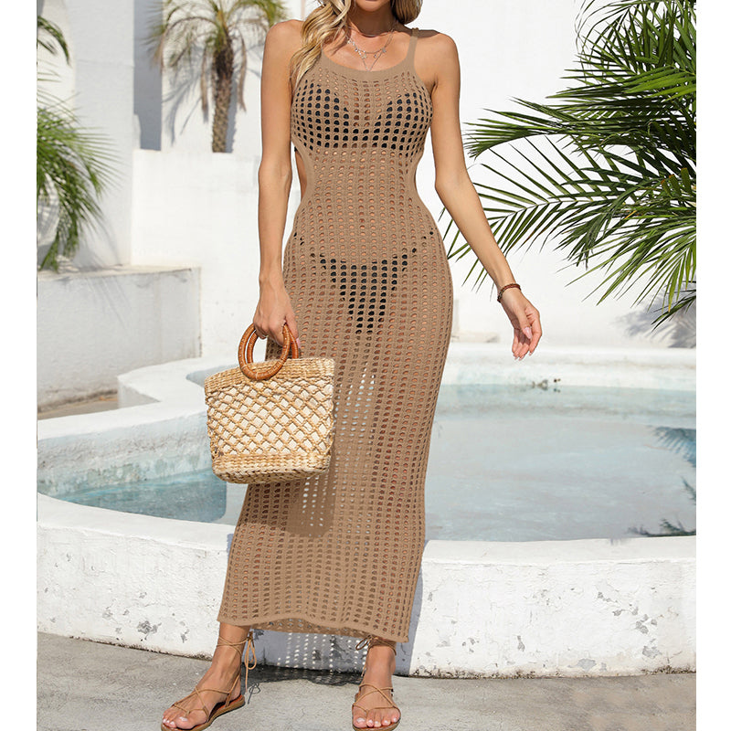 Sexy Hollow Out Cutout Waist Long Solid Color Breathable Sling Maxi Dress Beach Sun Shield Dress Crochet hook Tidee