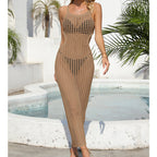 Sexy Hollow Out Cutout Waist Long Solid Color Breathable Sling Maxi Dress Beach Sun Shield Dress Crochet hook Tidee
