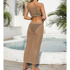Sexy Hollow Out Cutout Waist Long Solid Color Breathable Sling Maxi Dress Beach Sun Shield Dress Crochet hook Tidee