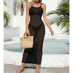 Sexy Hollow Out Cutout Waist Long Solid Color Breathable Sling Maxi Dress Beach Sun Shield Dress Crochet hook Tidee