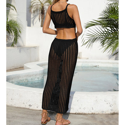 Sexy Hollow Out Cutout Waist Long Solid Color Breathable Sling Maxi Dress Beach Sun Shield Dress Crochet hook