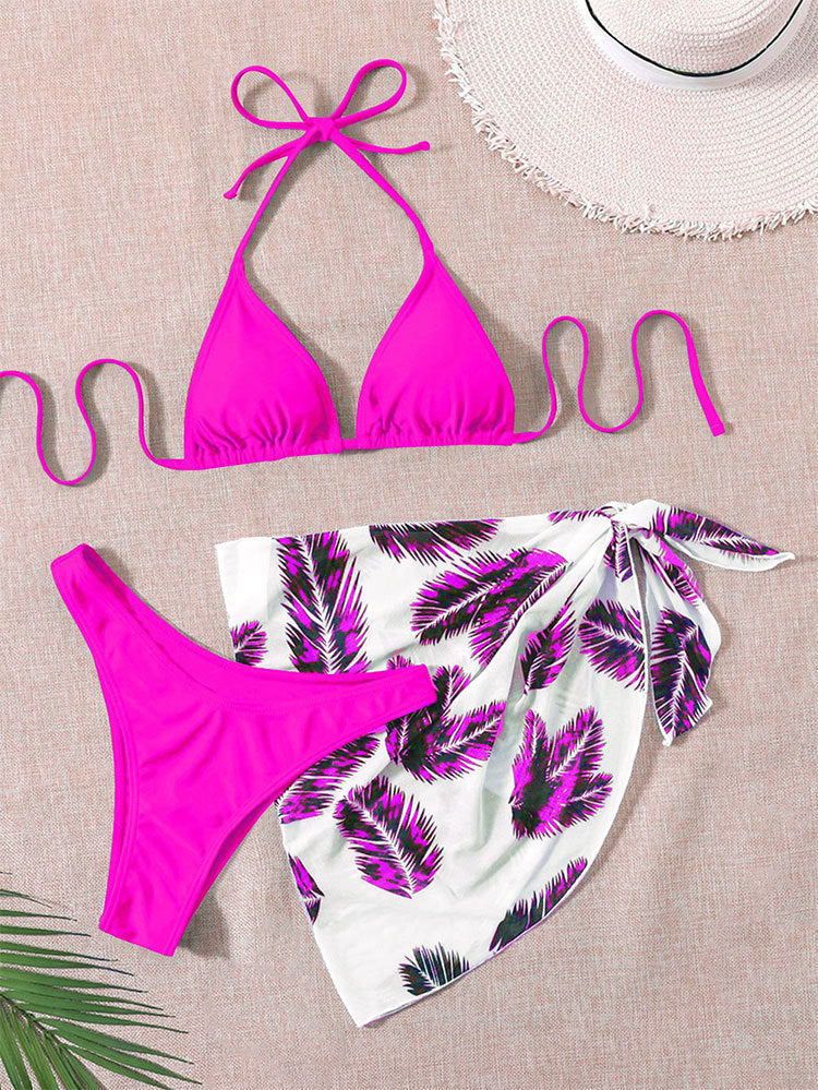 Bikini de tres piezas con cuello halter y cordones estampados, traje de baño dividido de malla de cintura alta