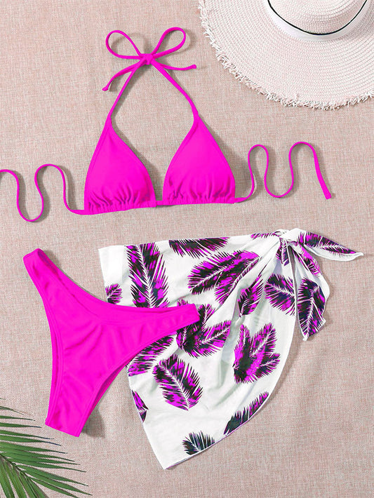 Bikini de tres piezas con cuello halter y cordones estampados, traje de baño dividido de malla de cintura alta