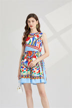Women New Summer New Round Neck Printed Slim fit Large Swing dress High Waist A line Dress ESUNG