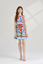 Women New Summer New Round Neck Printed Slim fit Large Swing dress High Waist A line Dress ESUNG