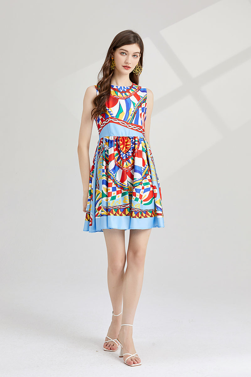 Women New Summer New Round Neck Printed Slim fit Large Swing dress High Waist A line Dress ESUNG