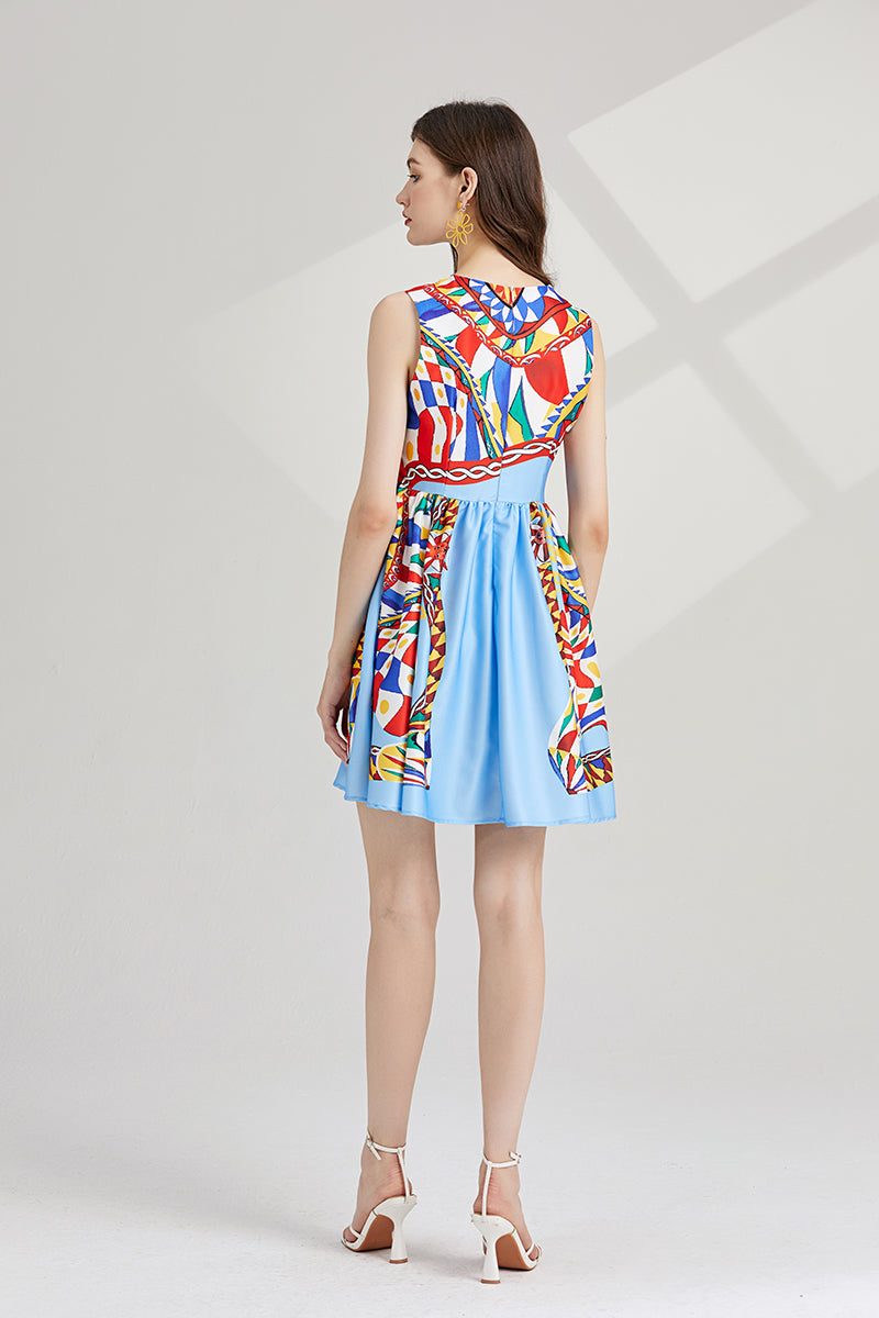 Women New Summer New Round Neck Printed Slim fit Large Swing dress High Waist A line Dress ESUNG