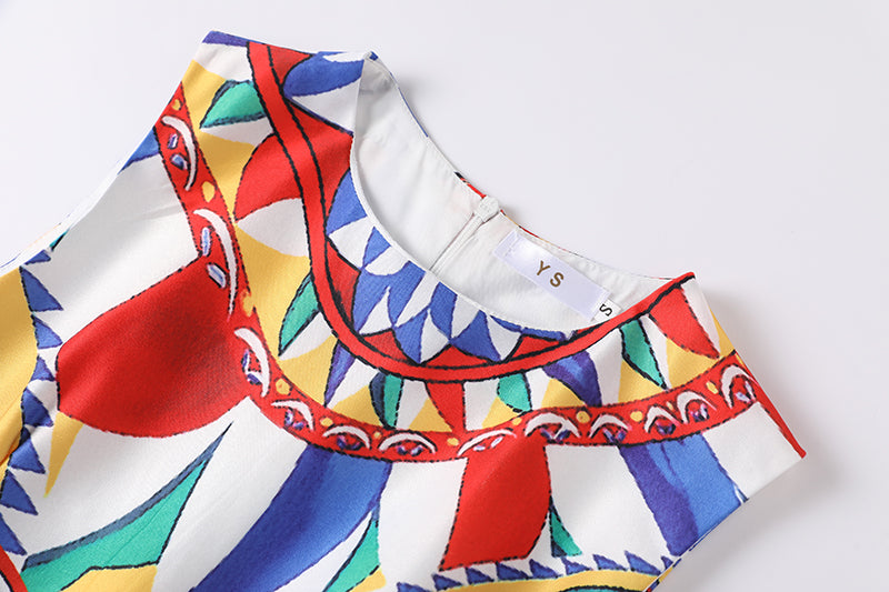 Women New Summer New Round Neck Printed Slim fit Large Swing dress High Waist A line Dress ESUNG