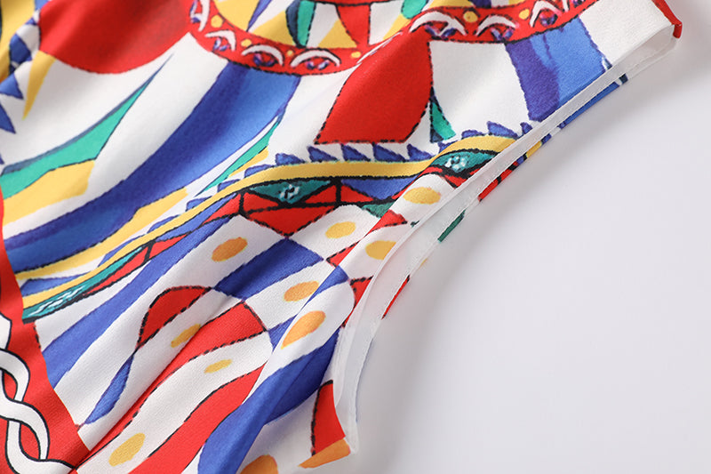 Women New Summer New Round Neck Printed Slim fit Large Swing dress High Waist A line Dress ESUNG