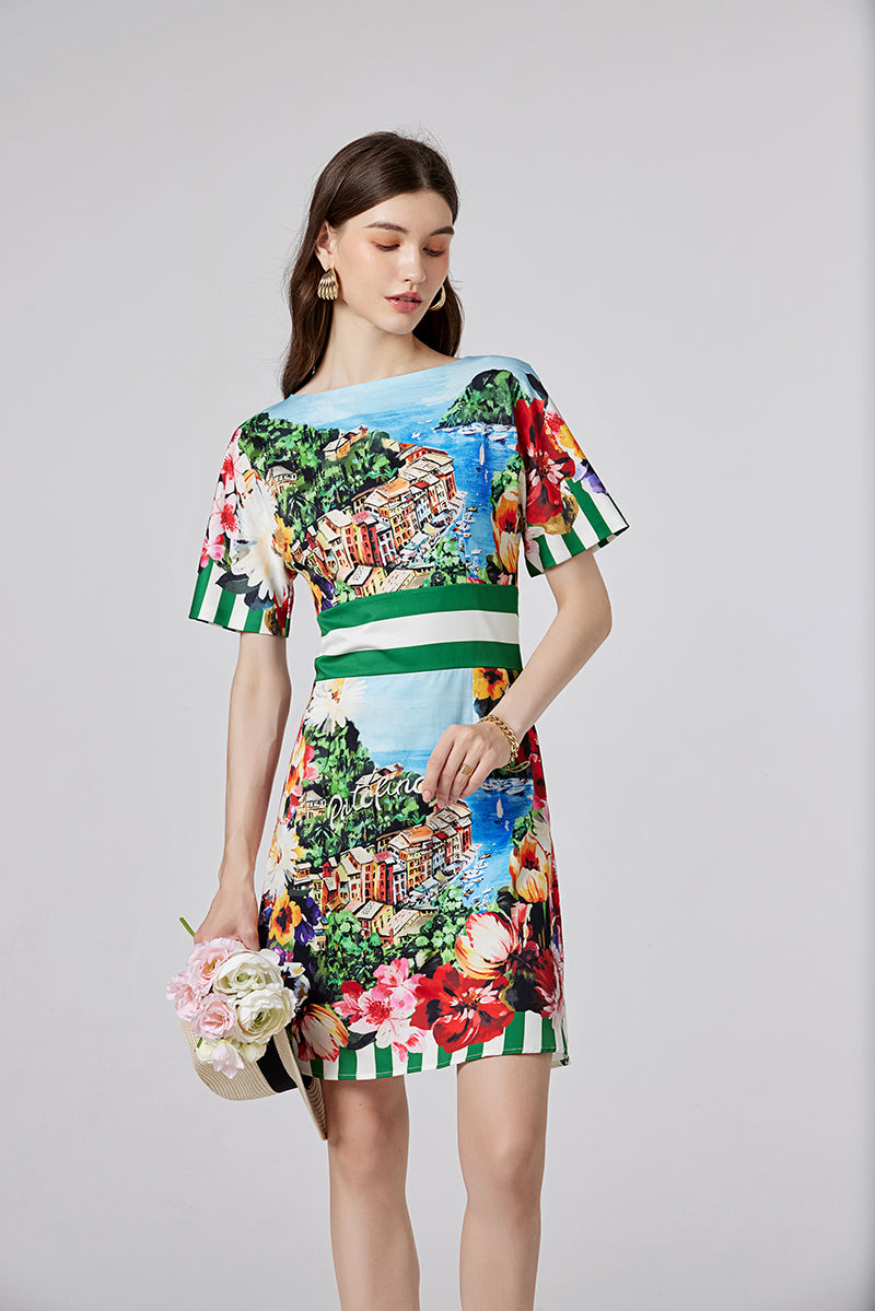 Women New Summer New Arrival One line Collar Printed Short sleeved Tight Waist dress High Waist Slim fit Dress ESUNG