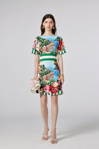 Women New Summer New Arrival One line Collar Printed Short sleeved Tight Waist dress High Waist Slim fit Dress ESUNG